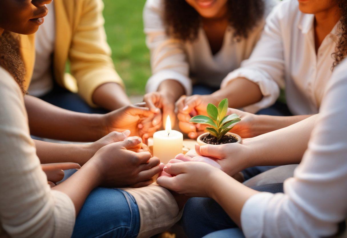 A serene scene featuring diverse individuals gathered in a cozy support group circle, sharing stories and laughter. Emphasize warmth and connection with soft lighting, comforting colors, and supportive gestures, like a hand on a shoulder. Include symbols of hope, such as a small plant or candle, symbolizing resilience. Background of a peaceful park setting, promoting wellbeing and healing. super-realistic. vibrant colors. soft focus.