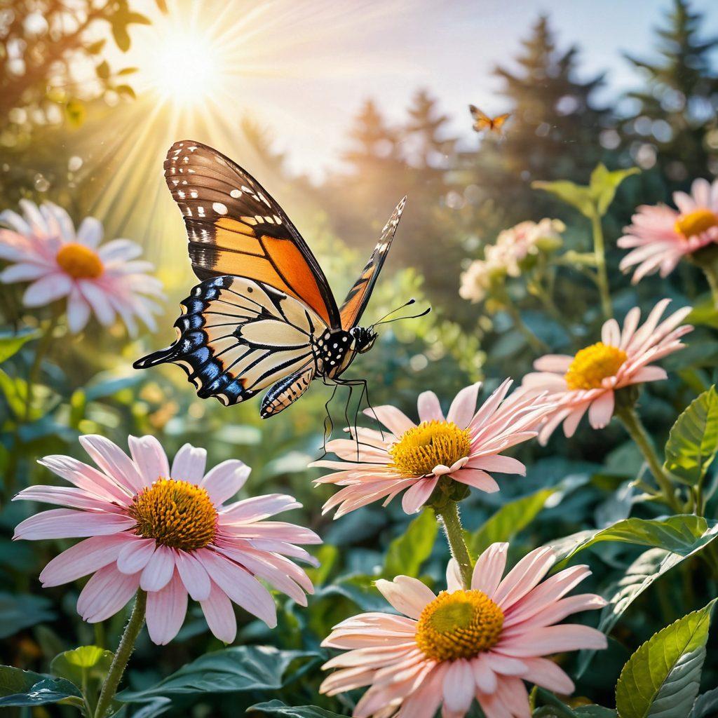 A calming scene featuring a butterfly gently landing on a blooming flower, symbolizing hope and transformation in the midst of a serene garden background. Include soft pastel colors to evoke tranquility, with subtle hints of medical symbols like a stethoscope or ribbon integrated into the foliage, reflecting cancer awareness. The sun shining through the leaves to represent positivity and support. vibrant colors. soft-focus. nature-inspired.