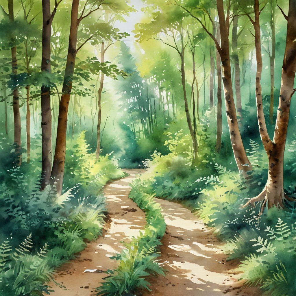 A serene landscape featuring a winding path through a lush green forest, symbolizing the journey of healing, with rays of sunlight breaking through the trees. Include a diverse group of cancer survivors, engaging in activities like meditation, walking, and sharing stories. Soft, comforting colors with a warm, uplifting atmosphere. watercolor painting. vibrant colors.
